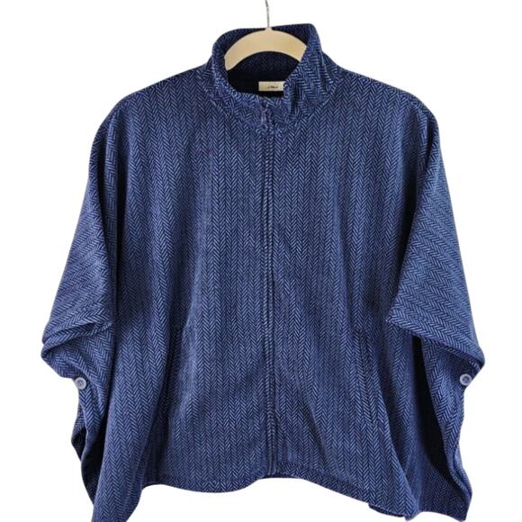 LL BEAN Navy Blue Chevron Fleece Poncho Medium - Picture 1 of 9